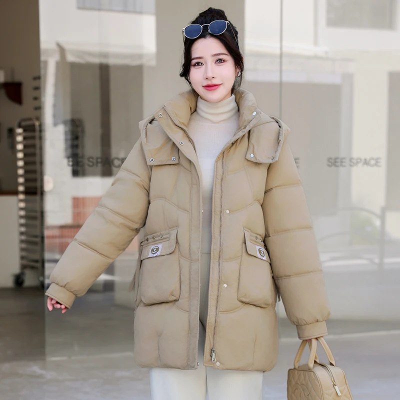 Cotton Down Coat for Women Warm Jacket Medium Style Parkas Large Size Loose Outwear Hooded Padded Overcoat Winter New 2024