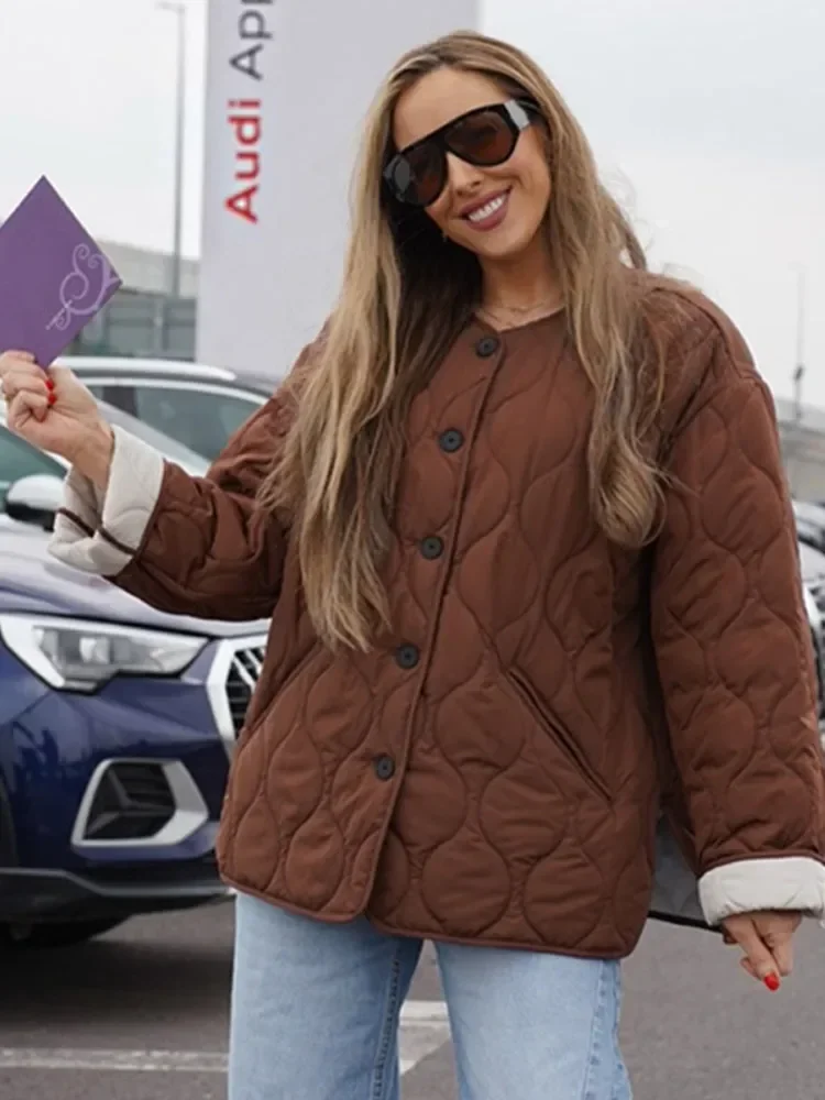 カジュアル無地チェック柄コットンショート厚手コート レディース 長袖 ラウンドネック シングルブレストジャケット 2025冬 デイリーストリートウェア