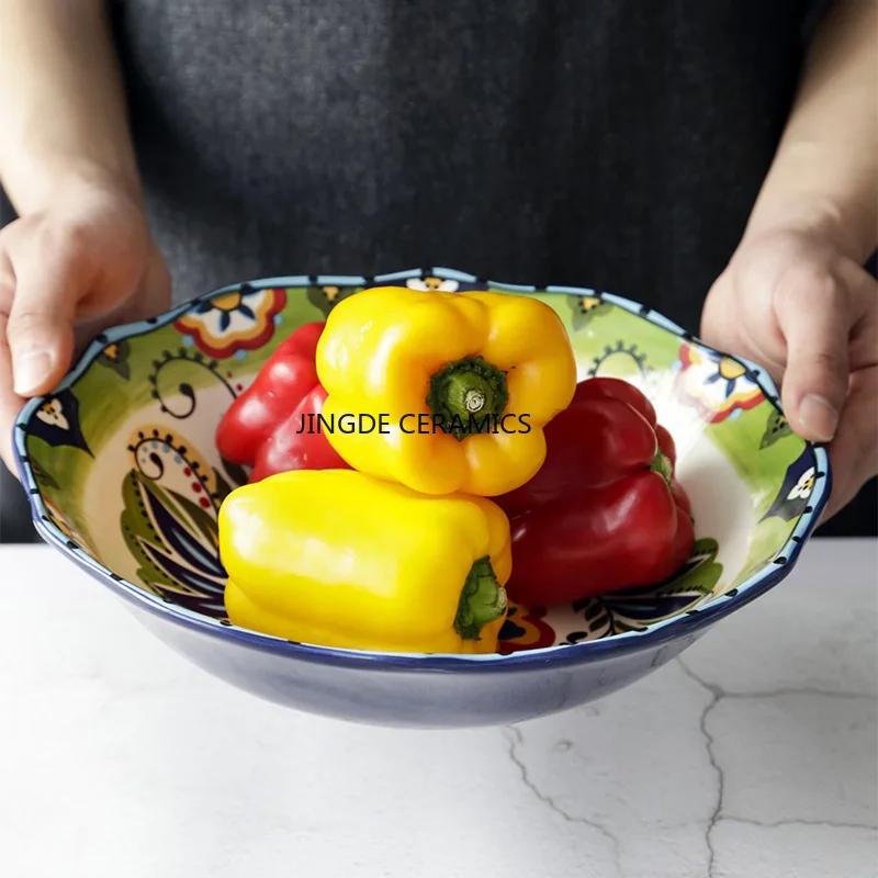 

1 шт., керамическая миска в европейском стиле, подглазурная цветная миска для фруктового салата, бытовая миска для супа/лака с цветочным узором, кухонная утварь