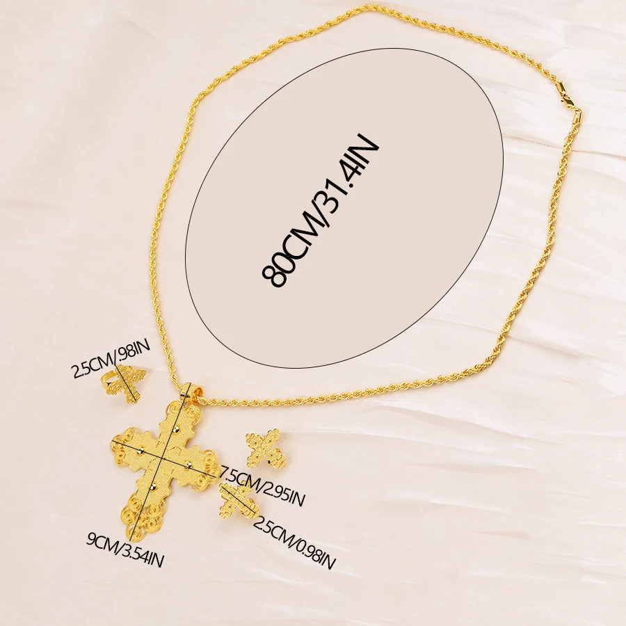 Ethiopian 4pc Golden Cross 80CM Necklace Earrings Rings African Party Jewelry Set Women Girls Eritrean Habesha Accessories