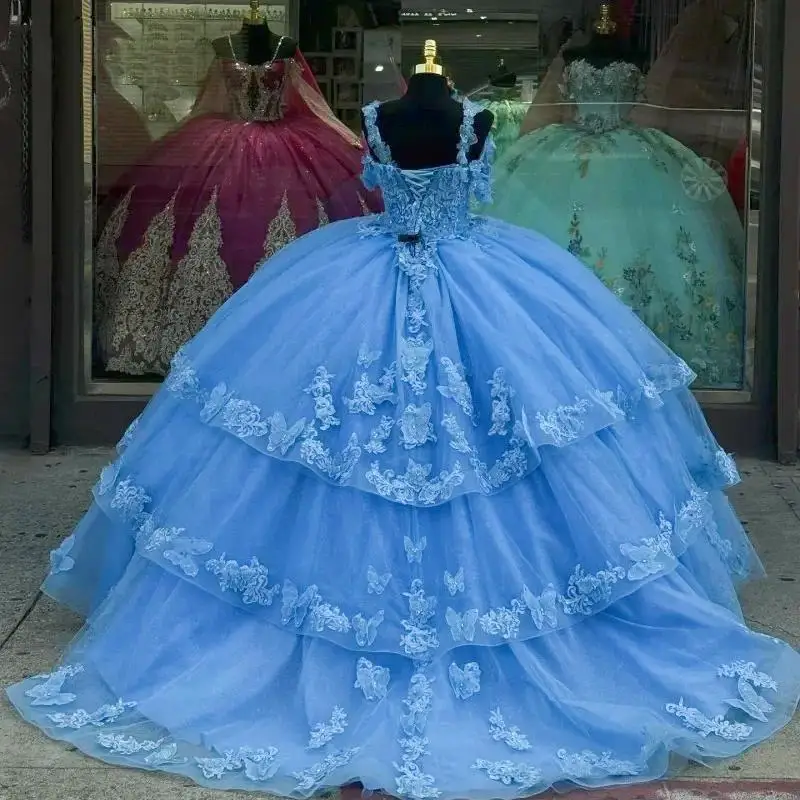 Vestidos De quincenara De mariposa azul cielo, apliques De cuentas De encaje, dulce 16 vestido De graduación, Vestidos De 15 Años personalizados