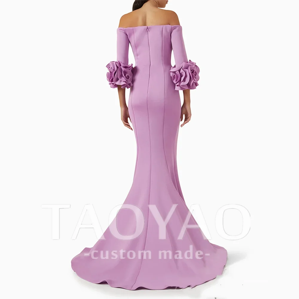 Purple Mermaid Arabic Evening Dress Prom Gown Customized Boat Neck 3/4 Flower Sleeves 2025 Sweep Train Arabian Party Dresses