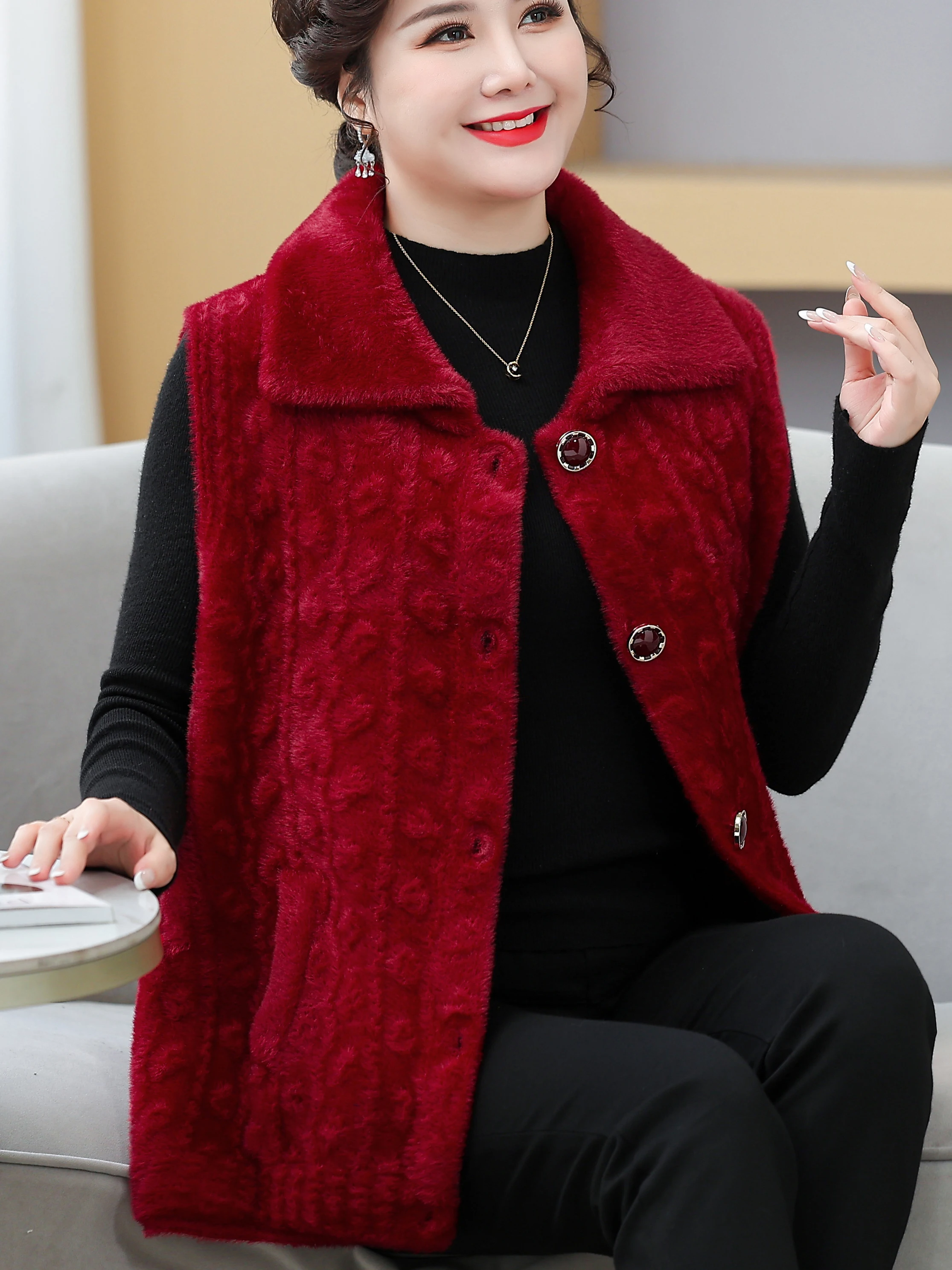 

Thickened Woolen Coat for Middle-Aged Women Fashionable Knitted Open-Shirt Vest Warm Half-High Collar Elderly Appropriate
