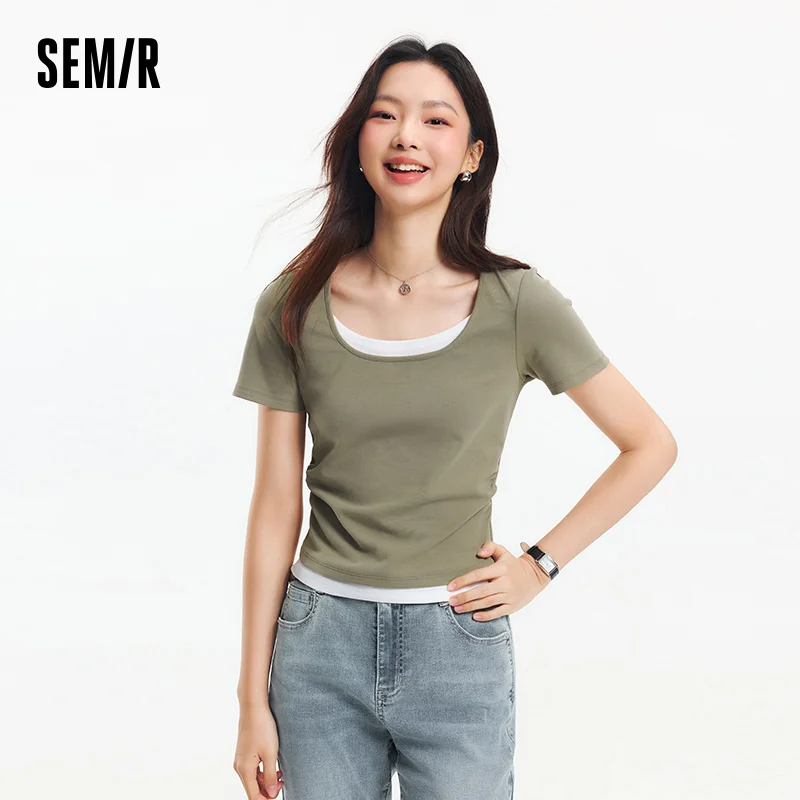 Semir Short Sleeve T-Shirt Women Cropped Fake Two-Piece Versatile 2025 New Summer Slim Fit U Neck Top Slimming for Chic Style image 2