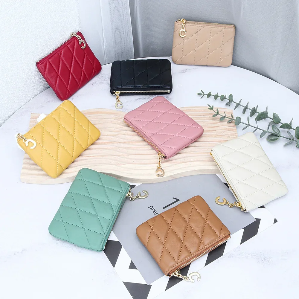 Coin Purse Rhombus Sheepskin Zipper Coin Purses Portable Wallet Short Ladies Keychain Mini Change Pouch for Women