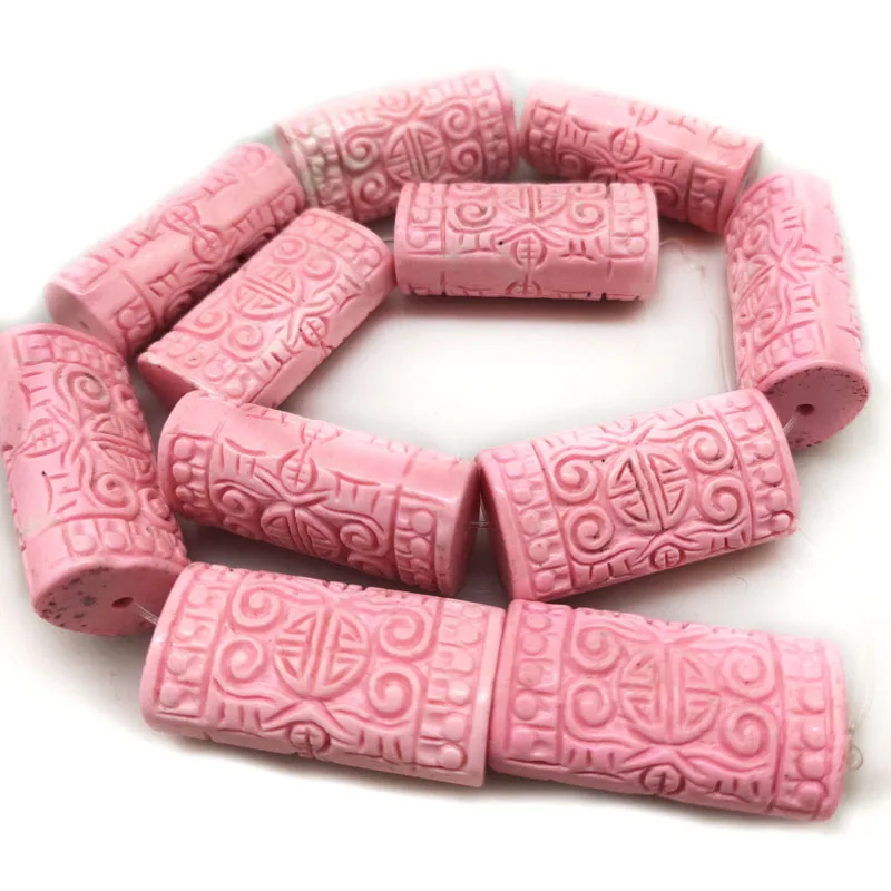16-インチ-13x17x30mm-ピンク天然花柄彫刻長方形ターコイズビーズ-ルースストランド
