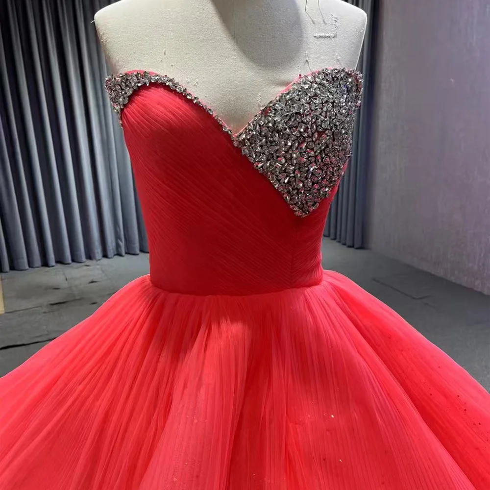 

Elegant Red Sleeveless Evening Dress Sweetheart Neck Crystal Lace Up Back Tiered Robe De Soirée With Detachable Train For Women