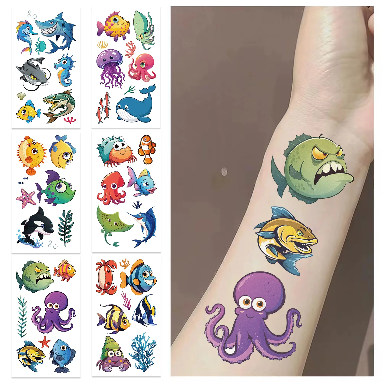 10 Blatt/Set Ozean Fisch Wal Gefälschte Tattoo Aufkleber Cartoon Marine Leben Temporäre Tattoos DIY Körper Arme Kunst Tattoo Aufkleber