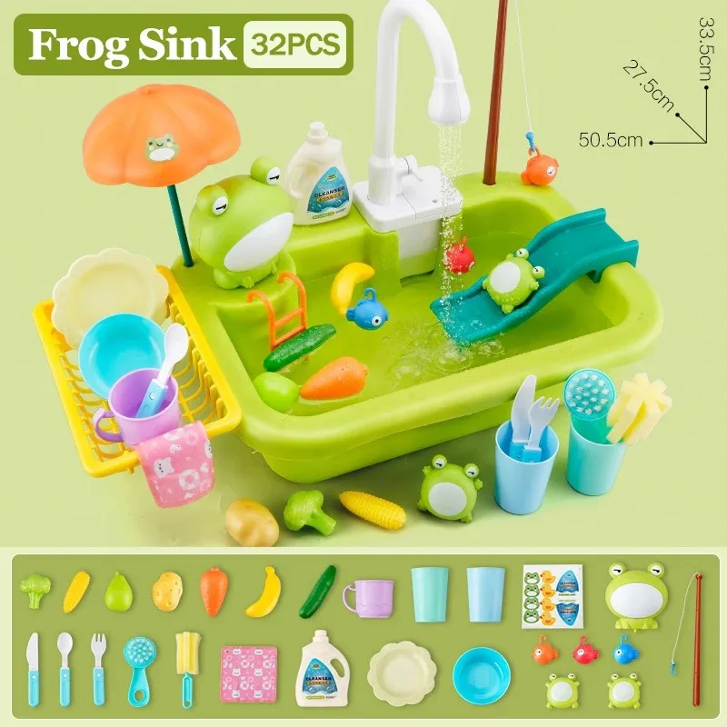 Kids Kitchen Sink Toys Electric Dishwasher Playing Toy With Running Water Pretend Play Food Fishing Toy Role Playing Girls Gift