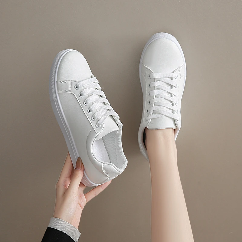 2026 جديد إمرأة أحذية رياضية تنفس أحذية مفلكنة بولي Leather أحذية منصة جلدية بيضاء الدانتيل يصل حذاء كاجوال Zapatos Mujer Zapatillas #5