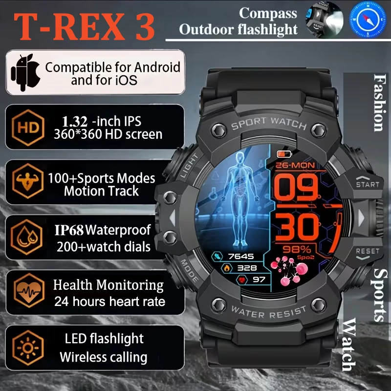 

New Military Outdoor Smart Watch Men Heart Rate Bluetooth Call Sports Fitness Compass IP68 Waterproof T-REX 3 Rugged Smartwatch
