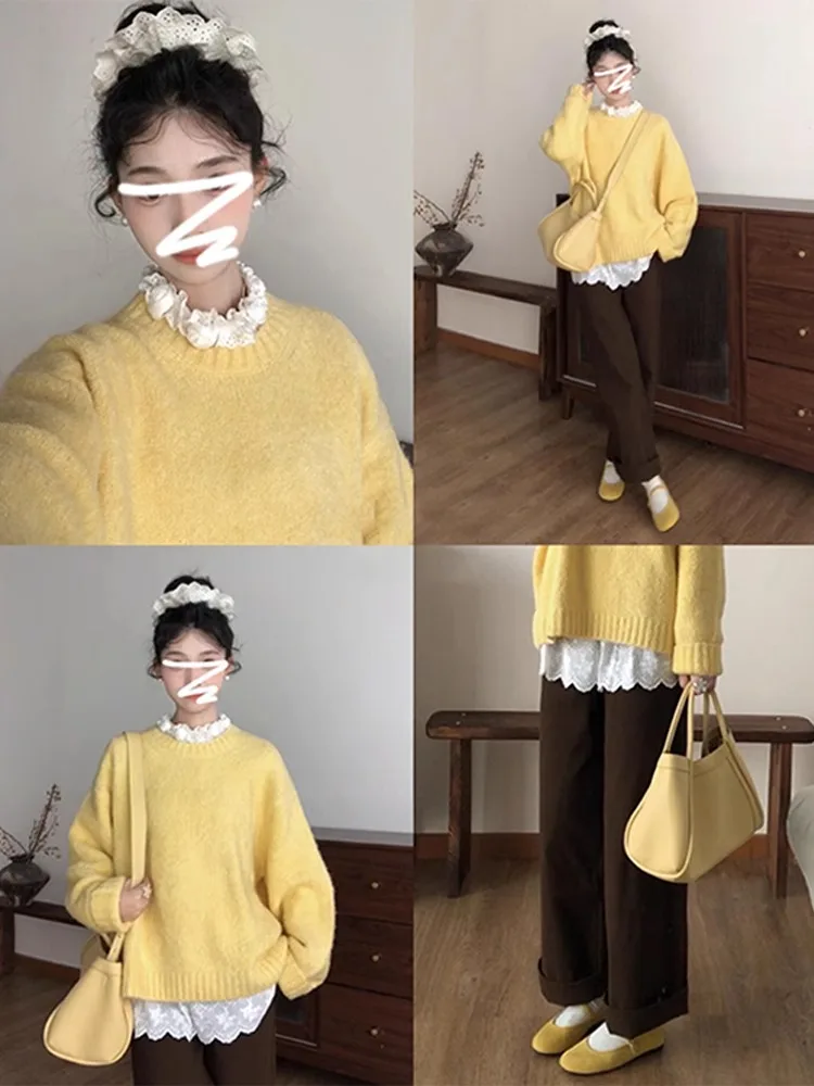 

Korean Sle Lazy Yellow Sweater Women's Spring 2025 New Hot Small Knitted Top Loose Fit Long Sve round Ne Pure Color