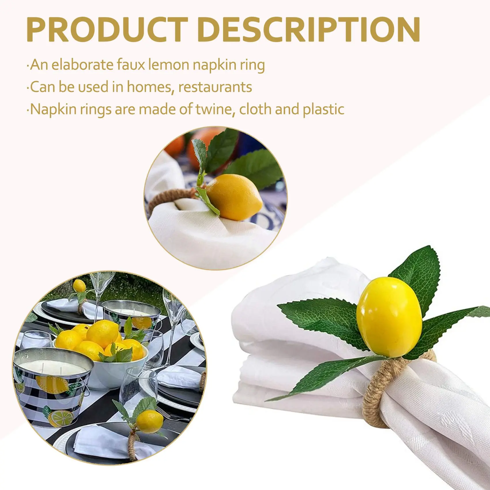 10PCS Handmade Napkin Rings Yellow Faux Lemon with Vine Napkin Ring for Wedding, , Banquet, Serviette