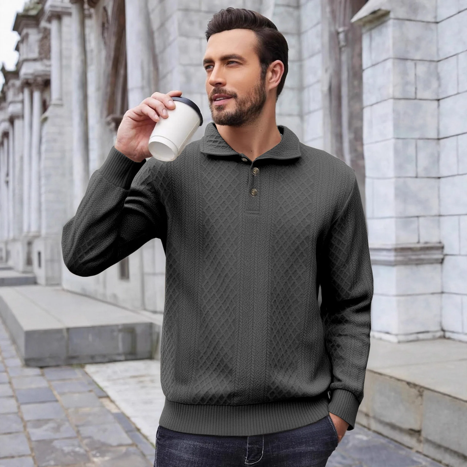 قميص رجالي 2025 بأكمام طويلة فضفاض وطية صدر السترة من قماش الجاكار بلوفر مغزول مع أزرار وسحابات لخريف وشتاء #3