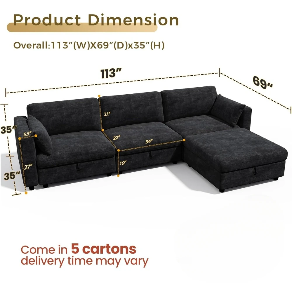 L Shaped Sofa with Adjustable Backrest, Convertible Ottoman and Comfy Cushion, Chenille 3 Seater Modular Sectional Sofa Couch