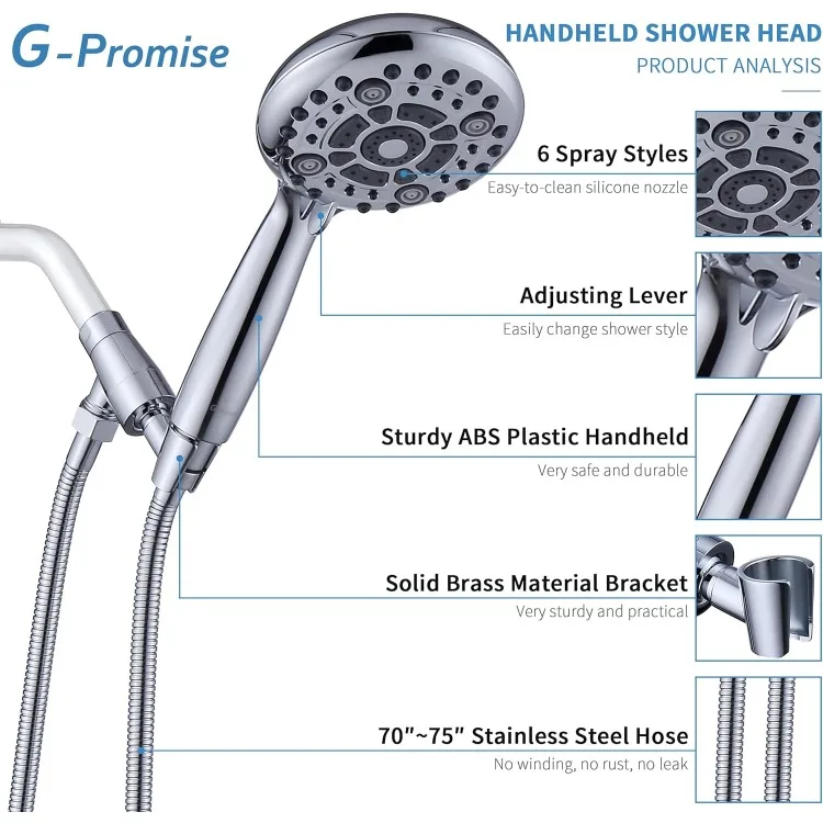 Handheld Shower Head High Pressure 6 Spray Settings, Detachable Hand Held Showerhead 4.9 Inch Face with Extra Long Flexible Hose