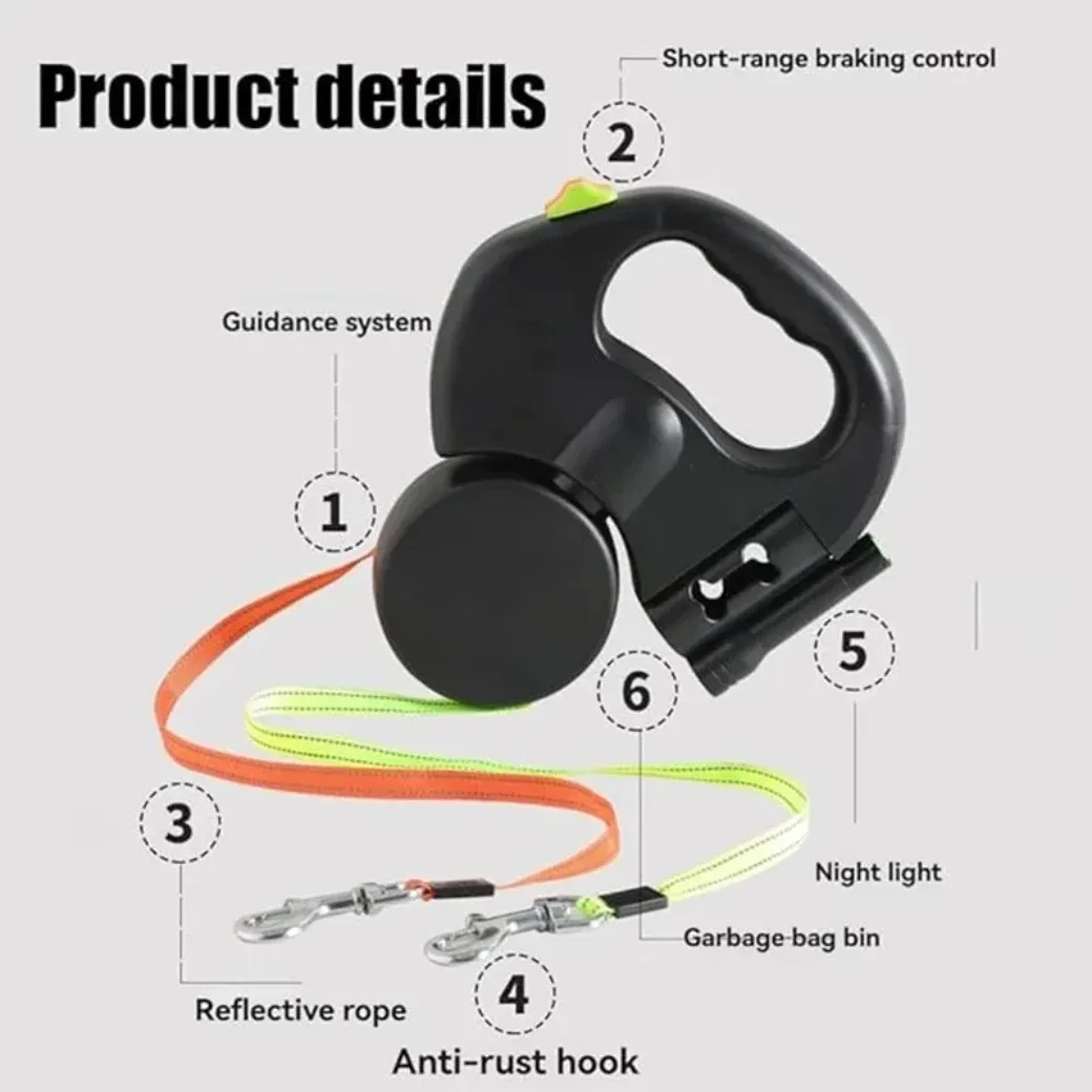 3m Retractable Dog Leash For Small Dogs Reflective Dual Pet Leash Lead 360 Swivel No Tangle Double Dog Walking Leash With Lights
