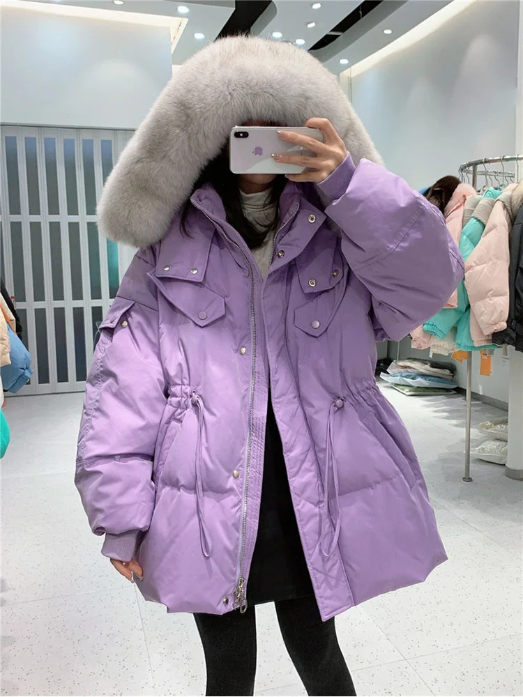 Winter Women Large 2023 Real Fox Fur Hooded Waterproof Puffer Jacket Thick Warm Loose 90% Duck Down Parka Female Snow Coat