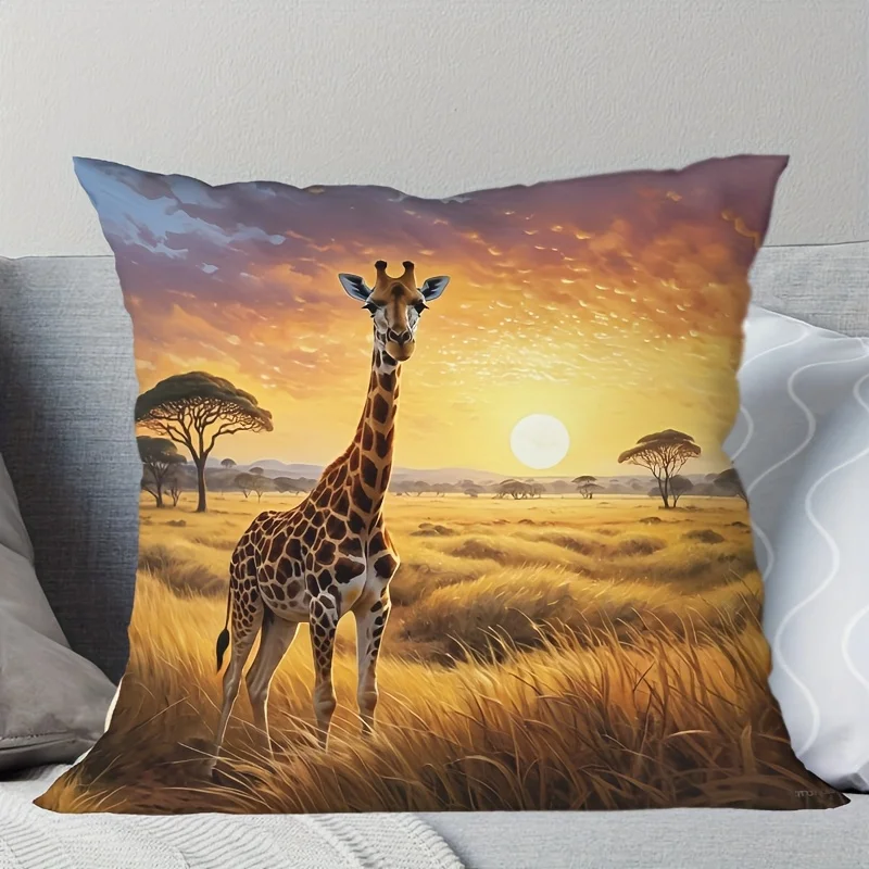 1pcs Short Plush Giraffe Savannah Sunset Decor Pillow Cover 45x45cm Zipper Sofa Bedroom Cushion Case No Insert