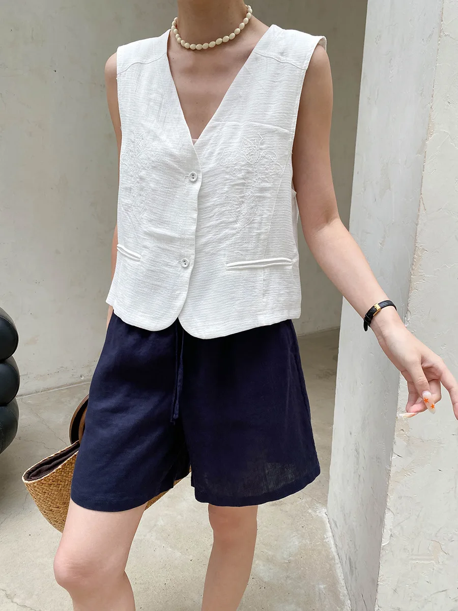 Sommerliche Damen-Weste, einfarbig, modisch, mit Stickerei, V-Ausschnitt, ärmellos, elegant – Detail 16