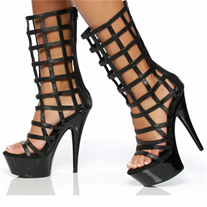 

​15CM Fishnet Lace-Up Sandals Black, Peep Toe Platform Heels with Full Leg Harness & Chunky Sole, Edgy Fetish Boots​