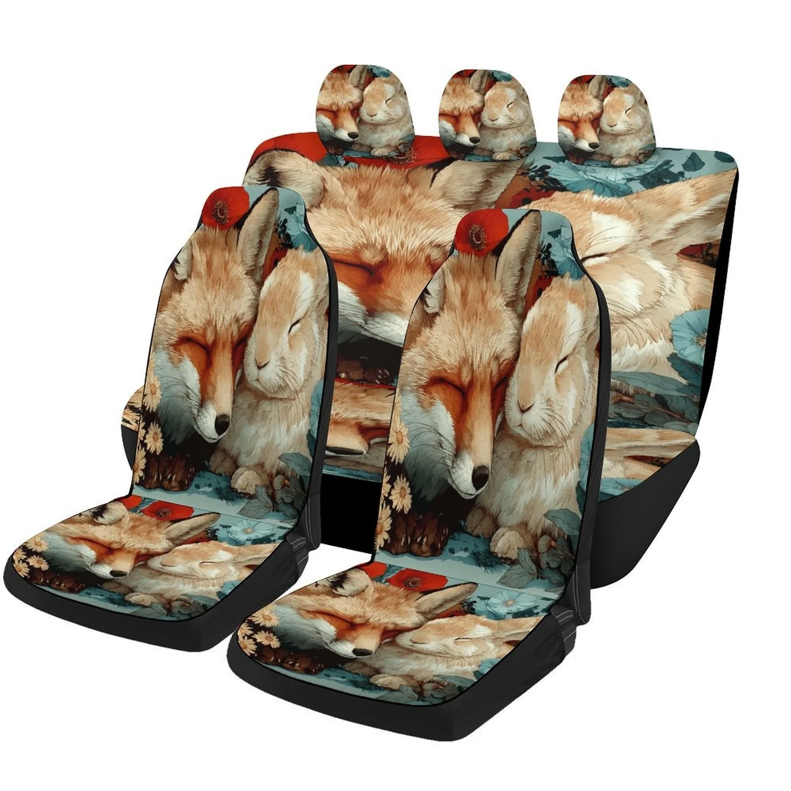 

Fox And Rabbit Resting Designed Seat Cover Set For Most Cars, Trendy Novelty High-quality Seat Protector Covers Full Set, Se