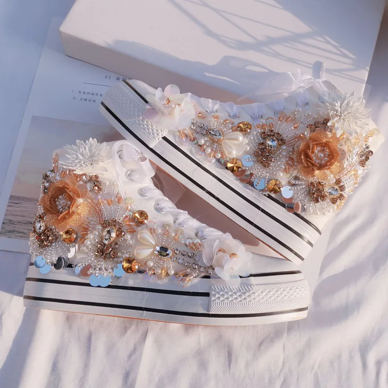 Handcrafted beaded ribbon flower rhinestones party banquet wedding canvas shoes platform high top casual women\'s shoes 35-40