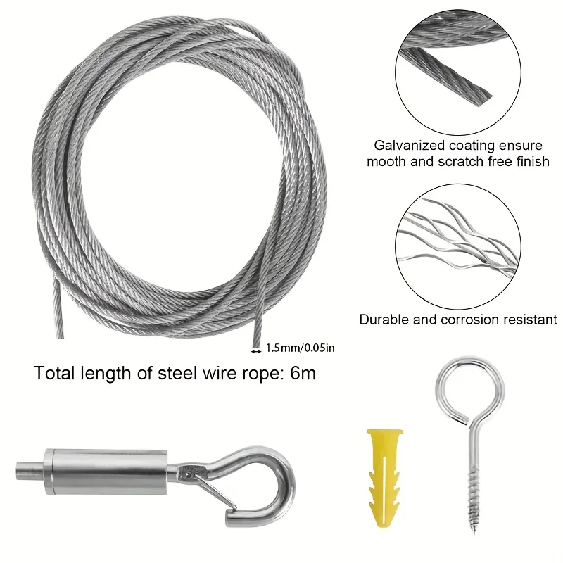 1Pc, 3m/6m Steel Wire Rope Set, 1.5mm, Curtain Rod Set, Multi-Purpose Set for Clothesline and Curtain Hanging, Stainless Steel Rope for Tent Clothesline