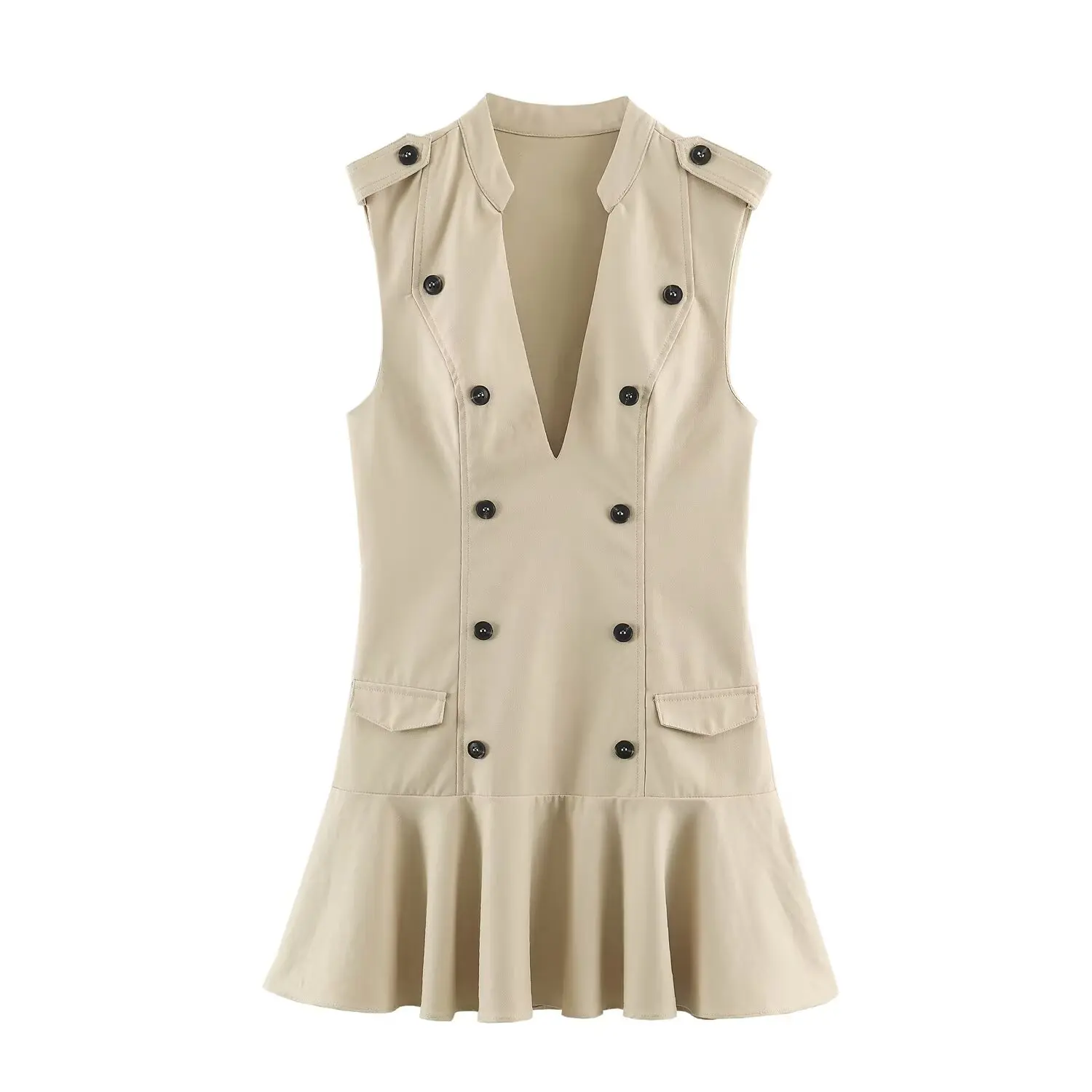 Sommerliches ärmelloses Rüschenkleid für Damen, V-Ausschnitt, hohe Taille, schicke Knopfverzierung, Mini-Kleid, lässiges Damenkleid für den Alltag. – Detail 2