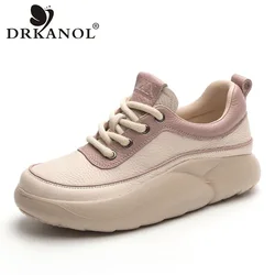 DRKANOL Women Sneakers 2024 Spring Autumn Thick Bottom Genuine Leather Lace-Up Sneakers Lightweight Flat Platform Casual Shoes