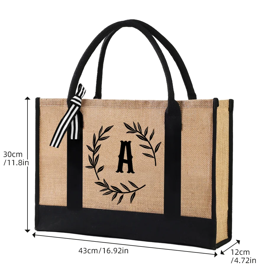 A-Z Alphabet Jute Tote Bag, Large-Capacity Black-Trimmed Beach Bag, Women's Reusable Shopping Bag, Graduation Gift