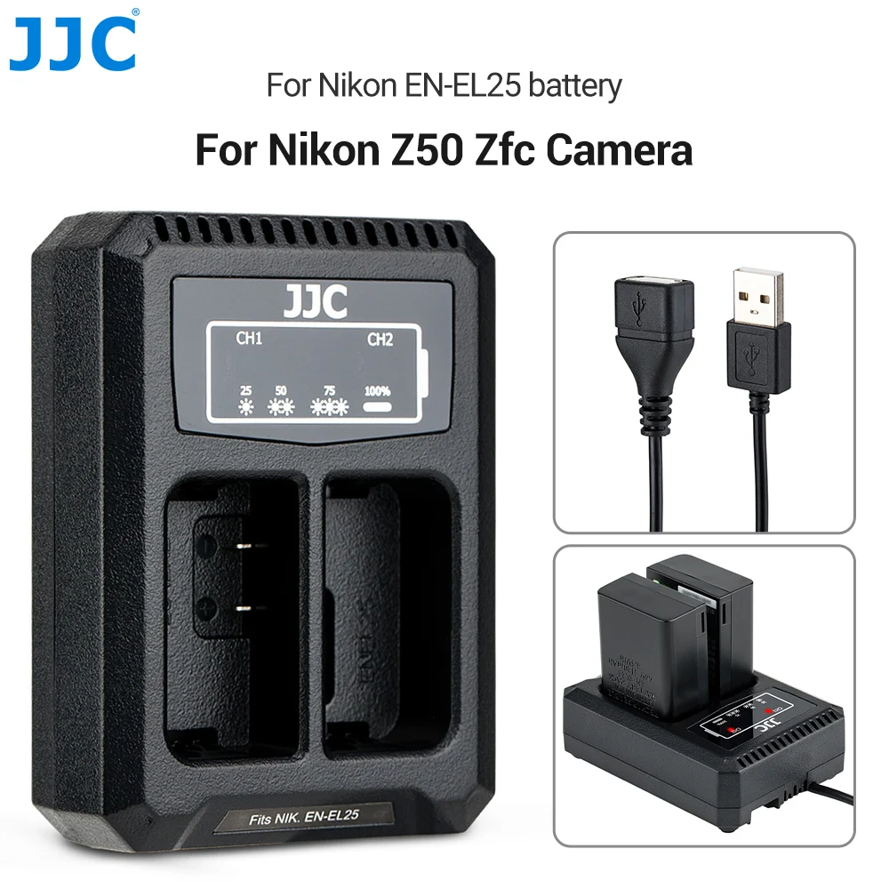 JJC EN-EL25 ładowarka do baterii aparatu USB Z przedłużaczem 40cm do aparatu Nikon Z30 Z50 Zfc Z fc czas ładowania aparatu około 2.5 godziny