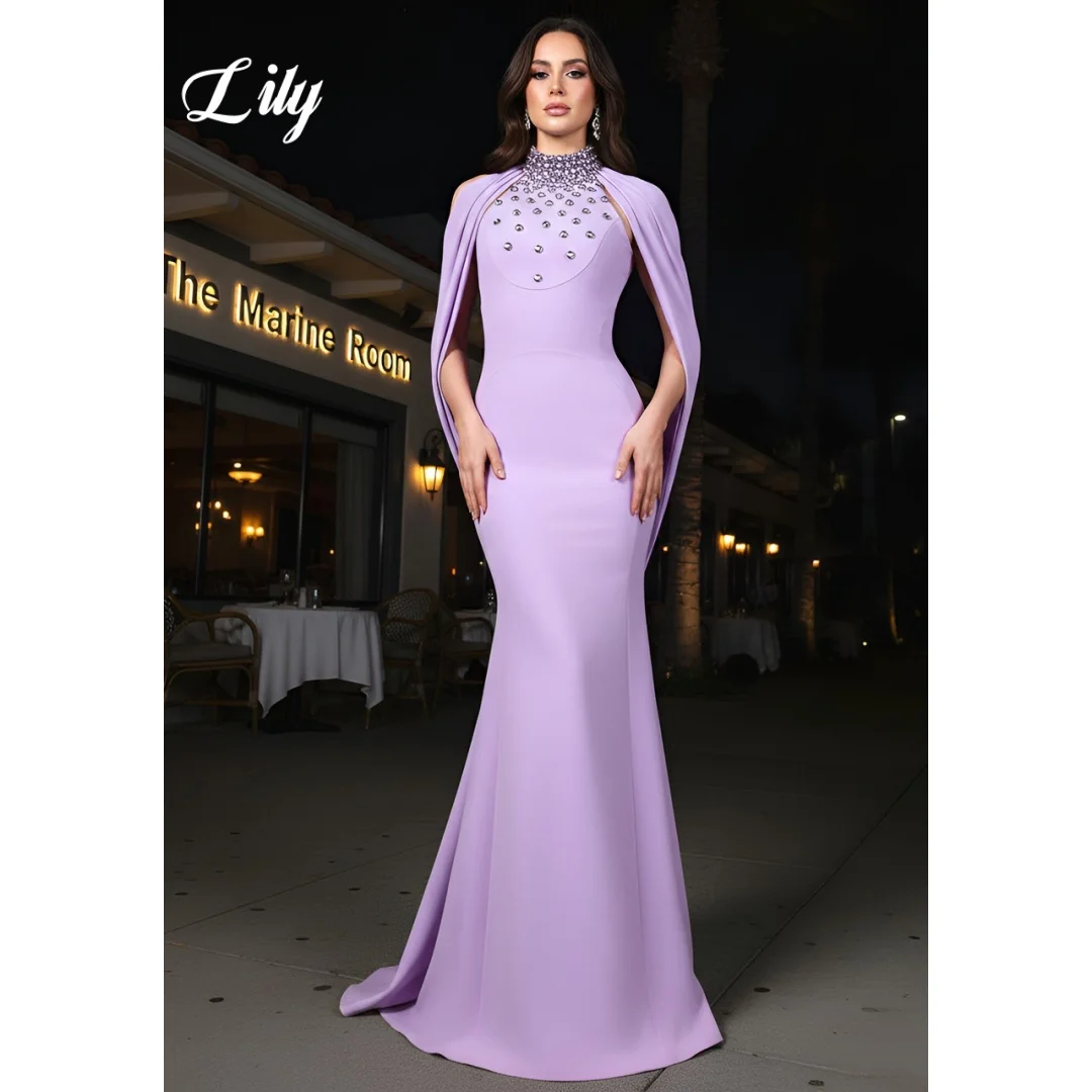 

Lily Elegant Lavender Prom Dresses High Neck Crystal Embellished Cape Back Mermaid Floor Length Formal Evening Gown Customized