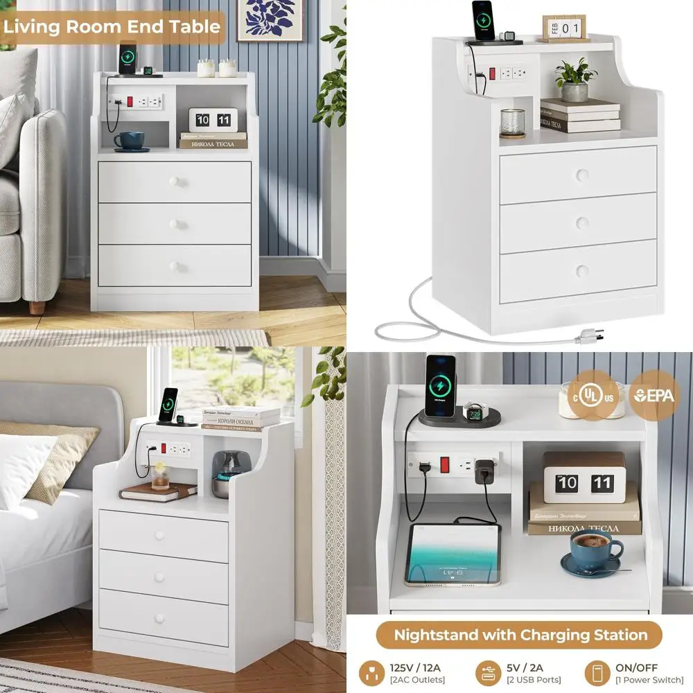 

White Modern Nightstand with Charging Station & Storage Drawers