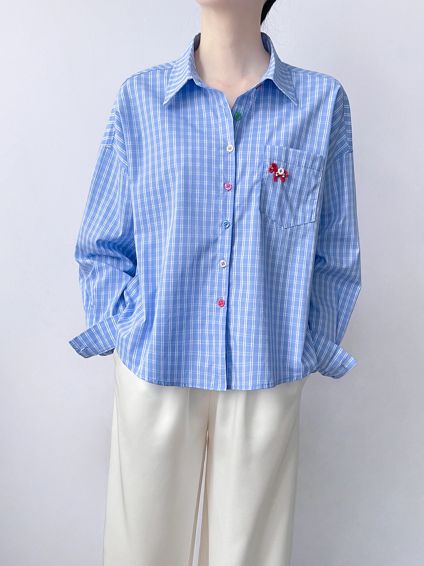 

Korean Style Pure Cotton Long Sleeve Women's Shirt Blue Plaid Embroidered Button College Wind Casual Comfortable Top