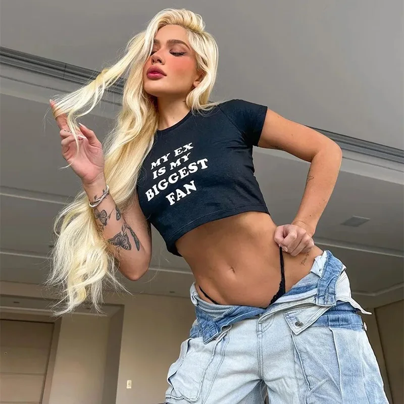 T-shirt con stampa di lettere stile Y2k anni 2000 Punk gotico Estetica Vintage Grunge Emo Girl Kawaii Crop Top maniche corte T-shirt sexy Babay