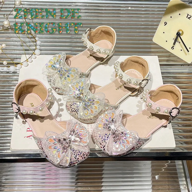 

Girls Crystal Princess Shoes Kids Leather Shoes for Party Wedding Soft Sole Fashion Children Rhinestone Shoes with Bow-knot