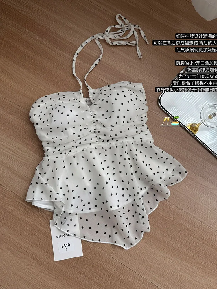 Modna prosta wzór w kropki Polka podkoszulki klubowa beżowa kamizelka Gyaru styl Mori Girl Streetwear plażowa stanik wiosenno-letnia kokietka