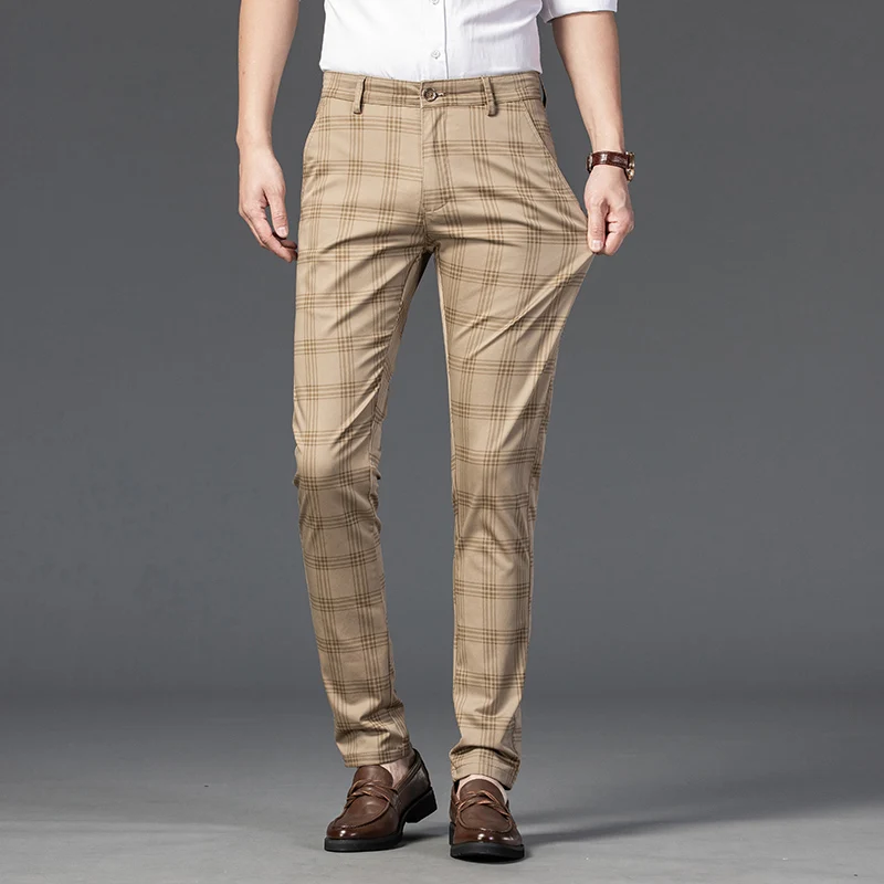 Summer Ultra-thin Brand Men\'s Fashion Stripe Plaid Casual Pants Men High Quality Business Trousers Men\'s Slim Gray Straight Pant