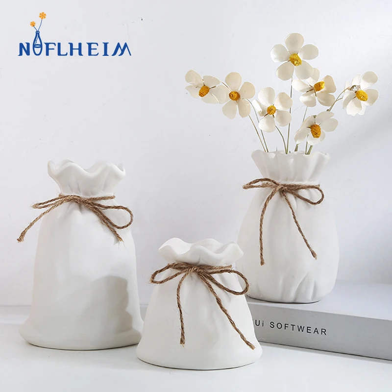 

INS Lucky Bag Shape Nordic Ceramic Vase Figurines Living Room Design Decor Flower Pot for Interior Home Study Bedroom