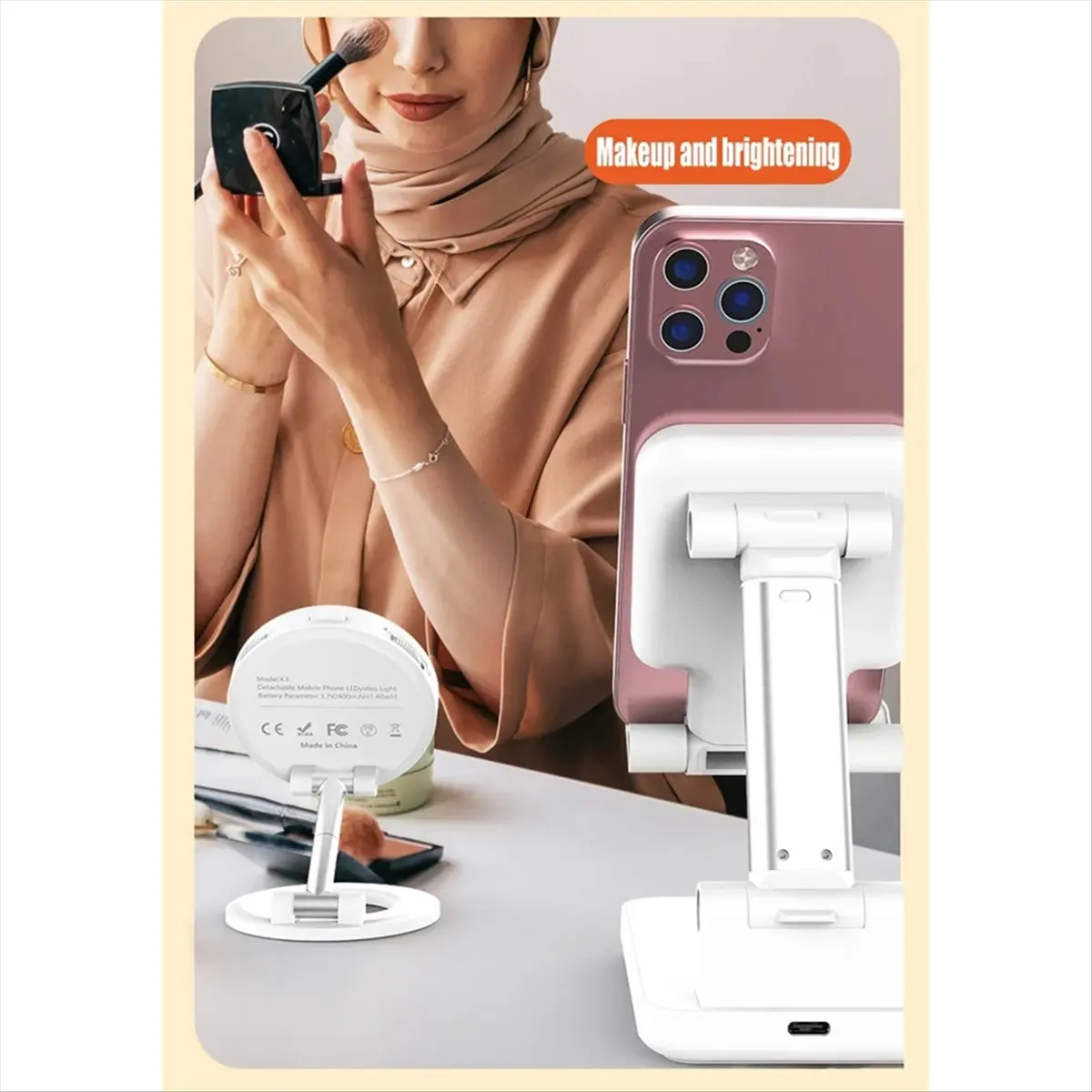 HowAA87 2in1 Portable Foldable Magnetic Phone Holder with Rechargeable Fill Light for Travel, Desktop, Selfies, Video, Makeup B