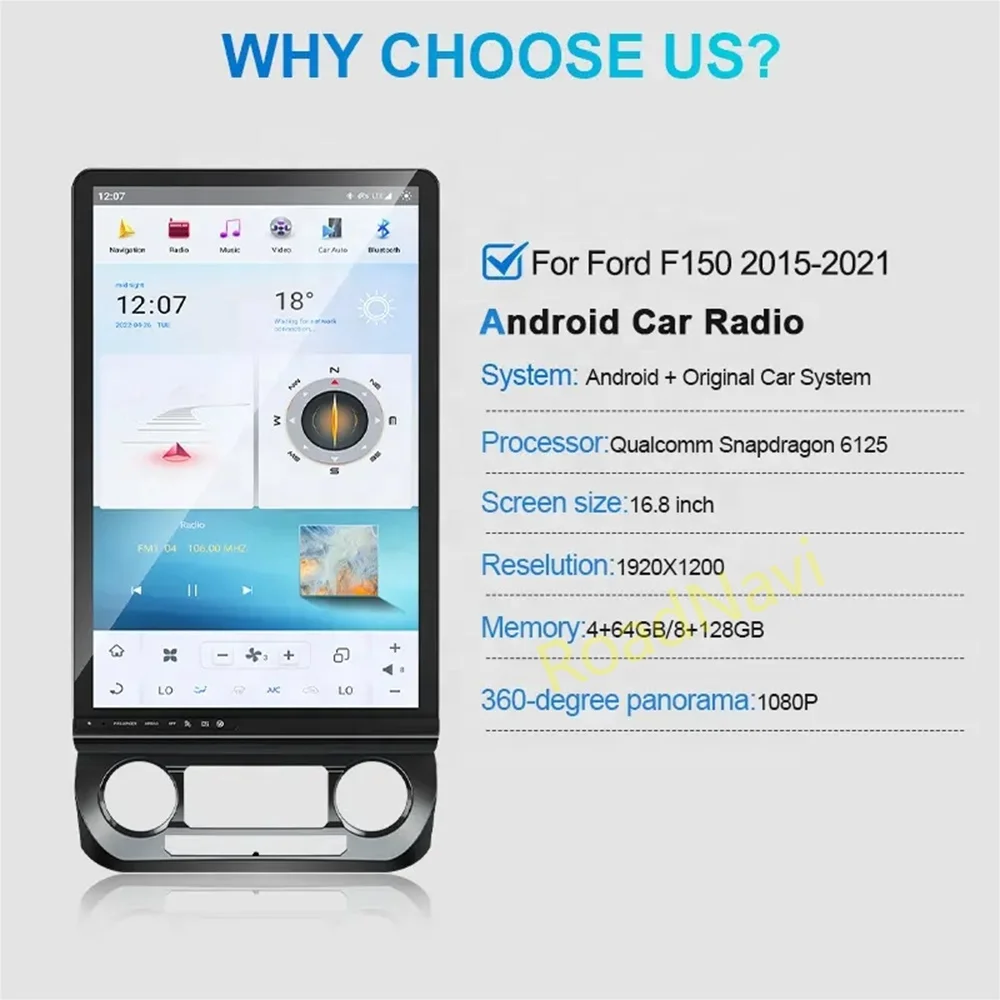 مشغل وسائط متعددة للسيارة مقاس 16.8 بوصة لسيارة Ford Raptor F150 2015-2021 Carplay GPS Navi 4G 360