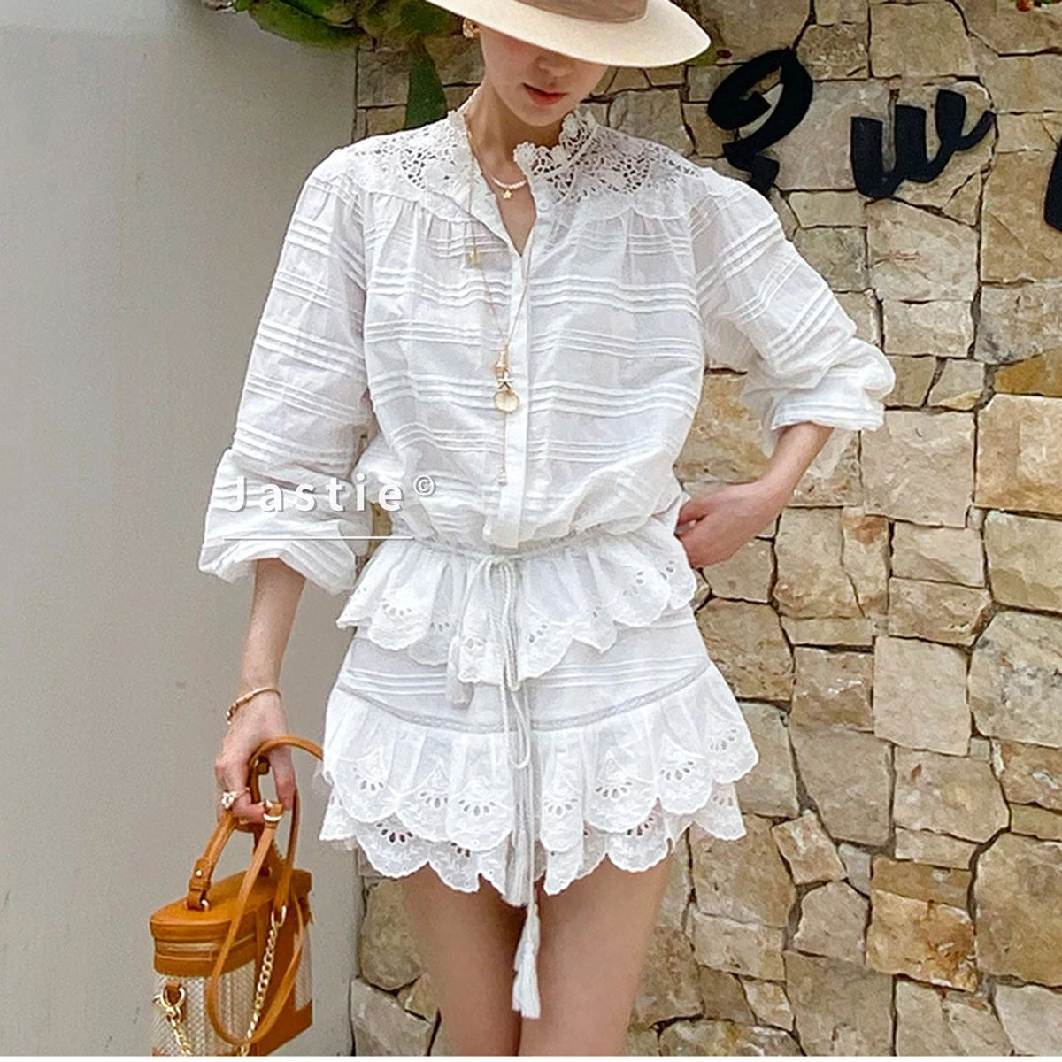

Retro White Striped Lace Two Piece Set Women Ruffle Long Sleeve Button Up Blouse+Layered Eyelet Embroidered Mini Shorts Outfits