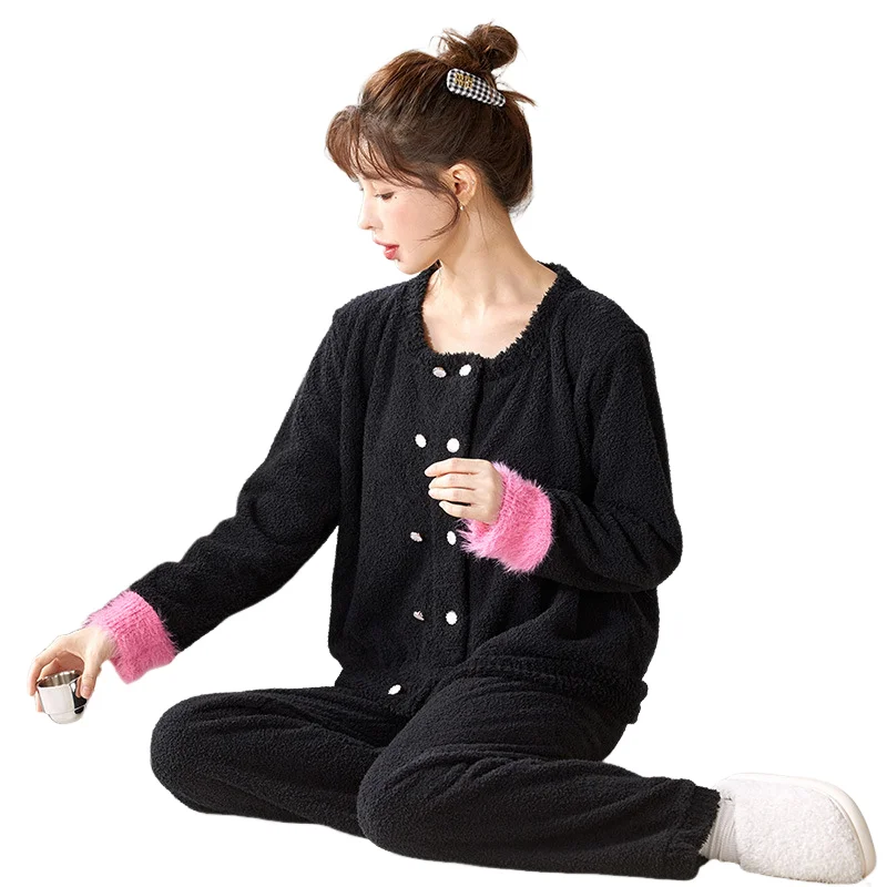 Pigiama da ragazza a mezza pile foderato in pile ispessito girocollo manica cardigan homewear primavera autunno inverno indumenti da notte da donna