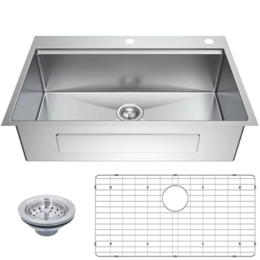 33-Inch Undermount Kitchen Sink - Single Bowl Drop-in Sink for Modern Kitchens, Stainless Steel, Matte Black, Noise-Reducing wi