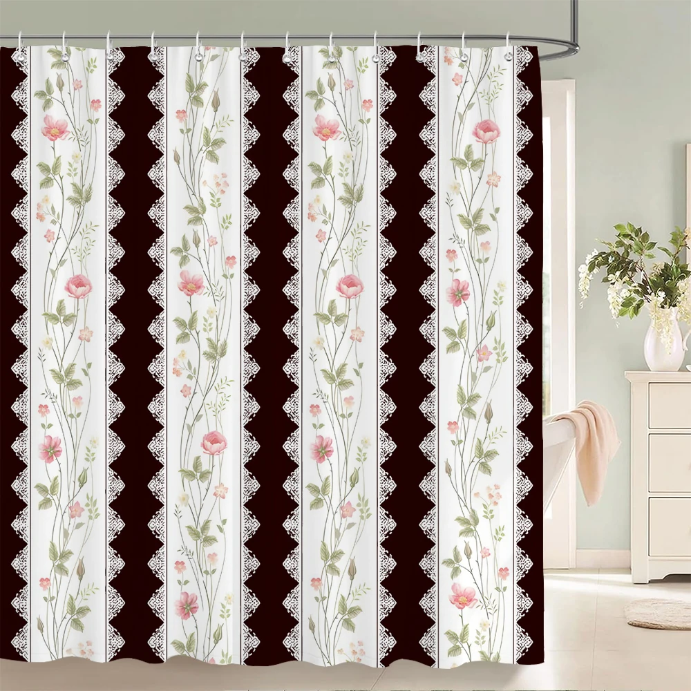 

1Pcs Nordic style flowers fabric waterproof shower curtain, home decoration elegant and romantic bathroom curtain, with hooks