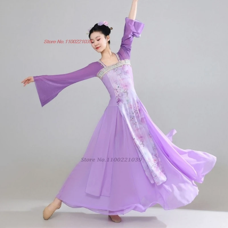 2025, chinesisches Vintage-Tanzkostüm, traditionelles Blumendruck-Mesh-Qipao-Kleid + Rock, Set, Retro-Bühnenaufführung, Tanzkleid, Hanfu