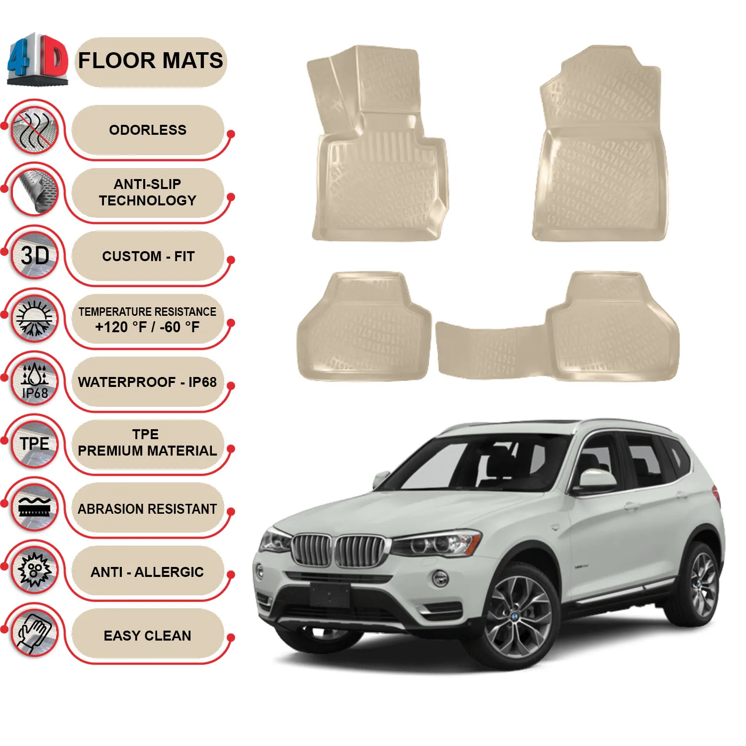 BMW X3 - (2011-2017) Floor Mats Liner Waterproof 3D - (Beige)