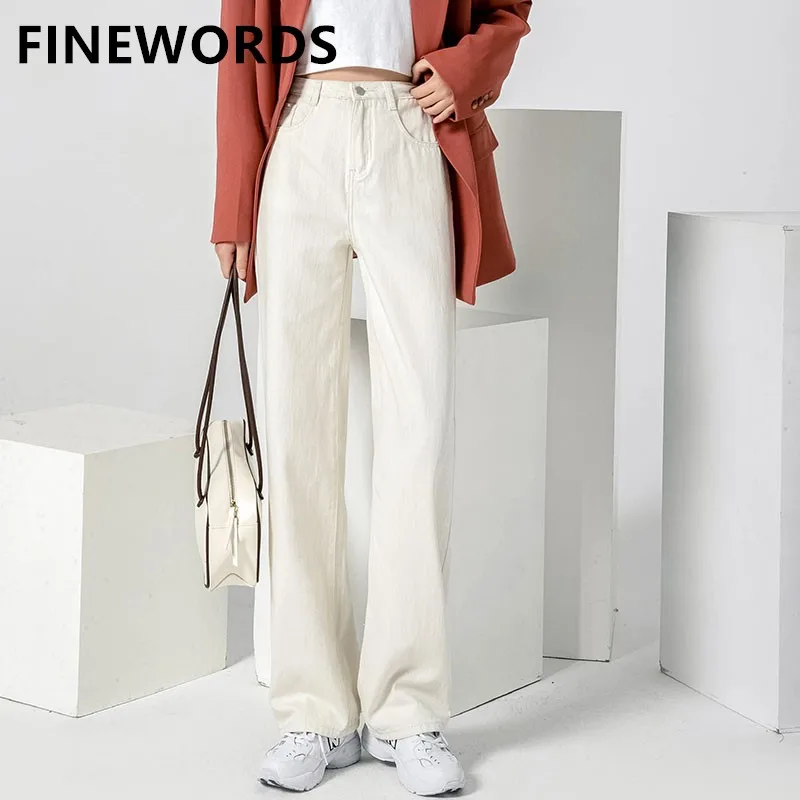 

FINEWORDS Easymatch Beige Vintage Wide Leg Jeans Women Korean Casual High Waist Straight Jeans Loose Solid Fashion Denim Pants