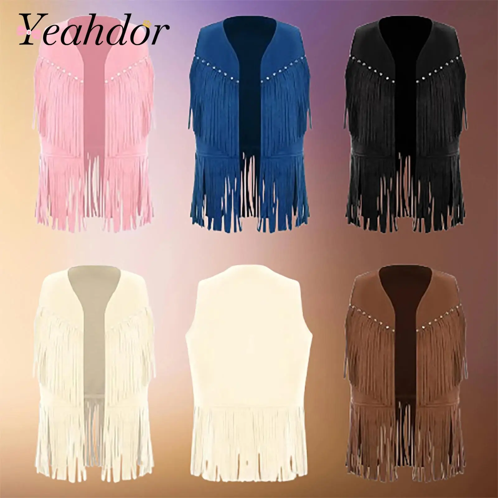 

Kids Girl Boy Fringed Vest for Carnival Theme Party Tassels Top Open Front Waistcoat Child Halloween Western Cowboy Costumes